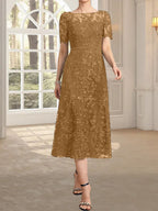 A-Linien-Kleid mit Rundhalsausschnitt, Illusion-Ausschnitt, Teelänge, Spitze und Pailletten für die Mutter der Braut