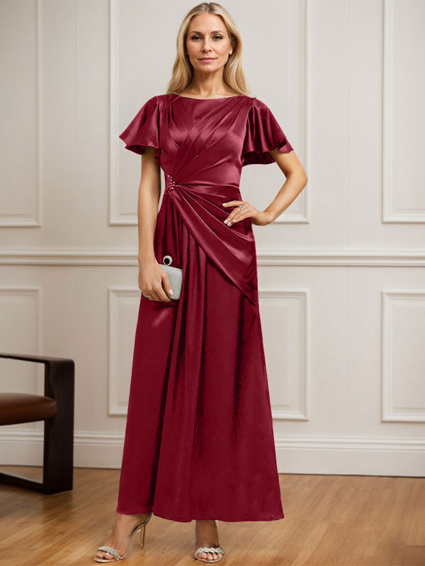 Vestido de madre de la novia de satén elástico con escote redondo y largo hasta los tobillos, corte en A y cuentas plisadas 