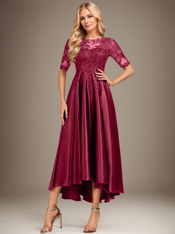 Vestido de madre de la novia de encaje satinado elástico asimétrico con ilusión de escote en A y lentejuelas 