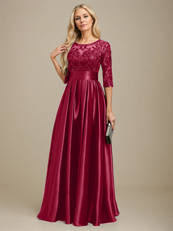 Vestido de madre de la novia de satén elástico con encaje, corte A, escote ilusión, largo hasta el suelo, con lazo y lentejuelas 