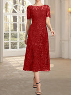 A-Linien-Kleid mit Rundhalsausschnitt, Illusion-Ausschnitt, Teelänge, Spitze und Pailletten für die Mutter der Braut
