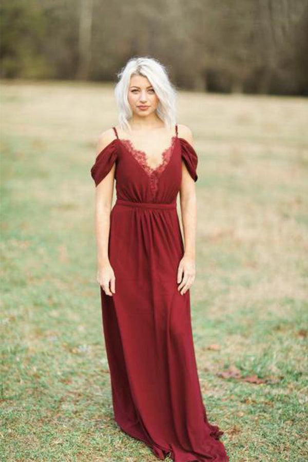 Burgunderfarbenes langes Chiffon-Brautjungfernkleid, Hochzeitskleid