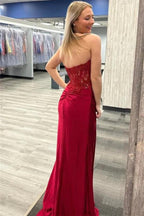 Vestidos de fiesta sirena sin tirantes con escote corazón y apliques de encaje