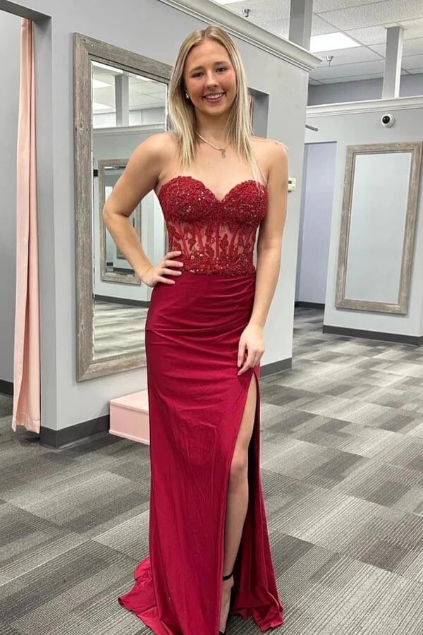 Vestidos de fiesta sirena sin tirantes con escote corazón y apliques de encaje