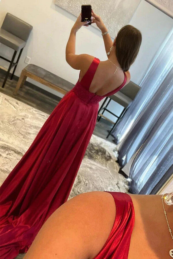 Seiden-Satin A-Linien Ballkleider mit V-Ausschnitt und Schlitz, Partykleider