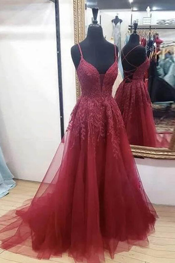 Vestidos de fiesta borgoña de tul con corte en A, espalda cruzada y abertura en el muslo, vestido de gala