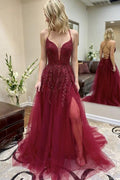 Vestidos de fiesta borgoña de tul con corte en A, espalda cruzada y abertura en el muslo, vestido de gala