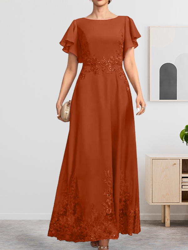 A-Linien-Kleid mit Rundhalsausschnitt, knöchellang, aus Spitze und Chiffon, mit Pailletten besetzt