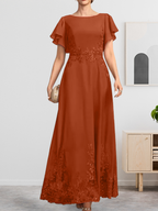 A-Linien-Kleid mit Rundhalsausschnitt, knöchellang, aus Spitze und Chiffon, mit Pailletten besetzt