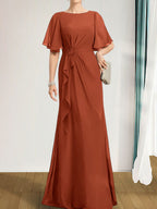 A-Linien-Kleid aus Chiffon in Bodenlänge für die Mutter der Braut mit kaskadenartigen Rüschen, Perlen und Pailletten