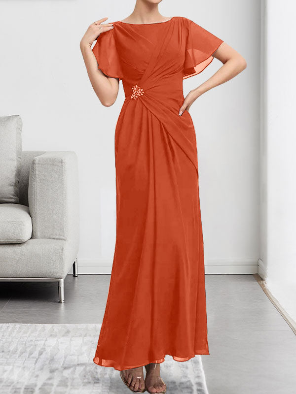 A-Linien-Chiffonkleid mit Rundhalsausschnitt, knöchellang, mit Perlenstickerei und Falten für die Mutter der Braut