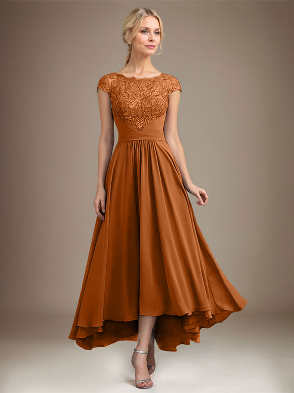 A-Linien-Kleid aus Chiffon mit asymmetrischem, plissiertem Spitzeneinsatz und Illusion-Ausschnitt für die Mutter der Braut 