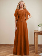 A-Linien-Kleid mit Rundhalsausschnitt, Illusion-Effekt, bodenlang, aus Chiffon und Spitze mit Pailletten – das perfekte Brautmutterkleid 