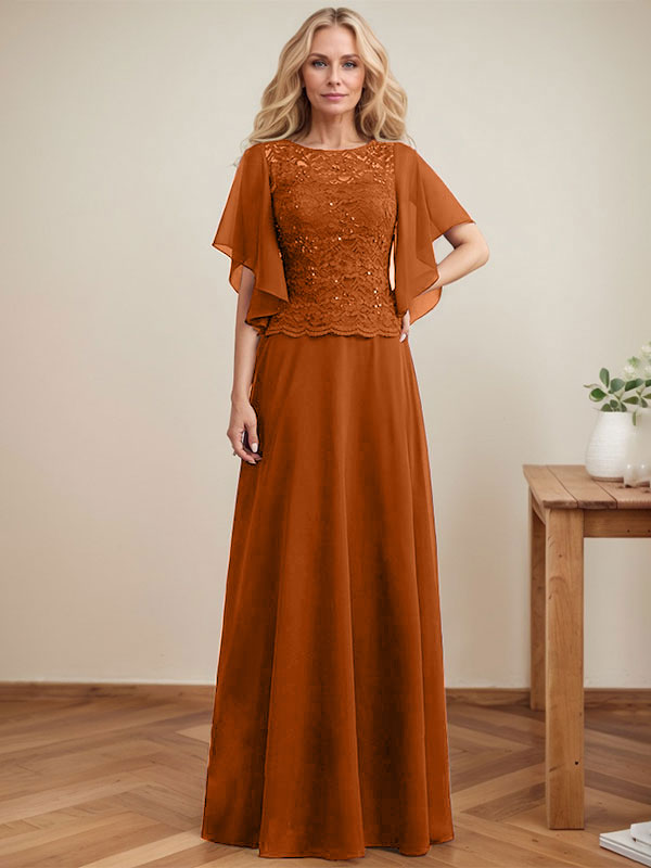 Vestido de madre de la novia de gasa con encaje, ilusión, largo hasta el suelo, corte A y lentejuelas 