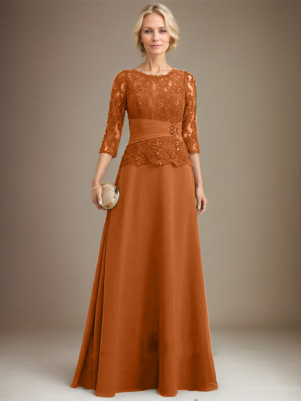 Vestido de gasa con encaje y escote en A, ilusión, largo hasta el suelo, para madre de la novia, con lentejuelas plisadas y abalorios 