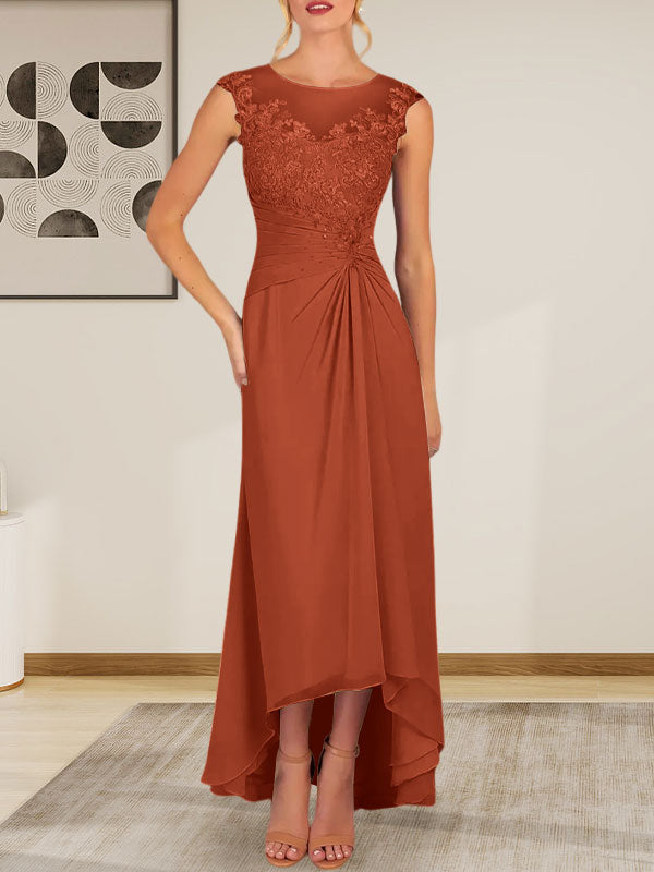Champagnerfarbenes A-Linien-Chiffonkleid mit Rundhalsausschnitt und Spitze