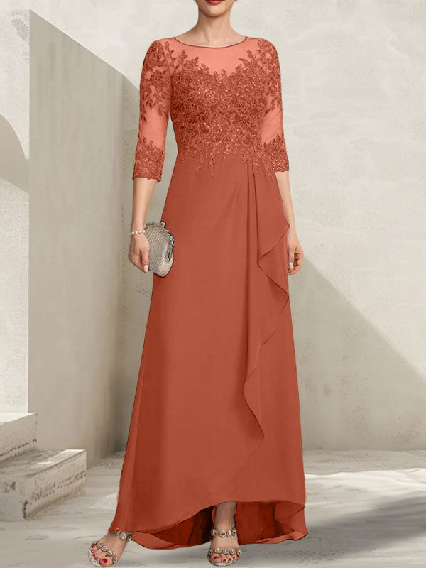 A-Linien-Kleid mit asymmetrischem, transparentem Chiffon-Spitzenausschnitt, Pailletten und Kaskadenrüschen für die Mutter der Braut