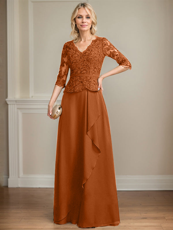 Vestido de gasa con encaje y escote en V hasta el suelo para madre de la novia con volantes en cascada y lentejuelas 