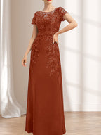 Etuikleid/Säulenkleid mit Illusion-Ausschnitt, bodenlang, aus Chiffon und Spitze mit Pailletten für die Mutter der Braut