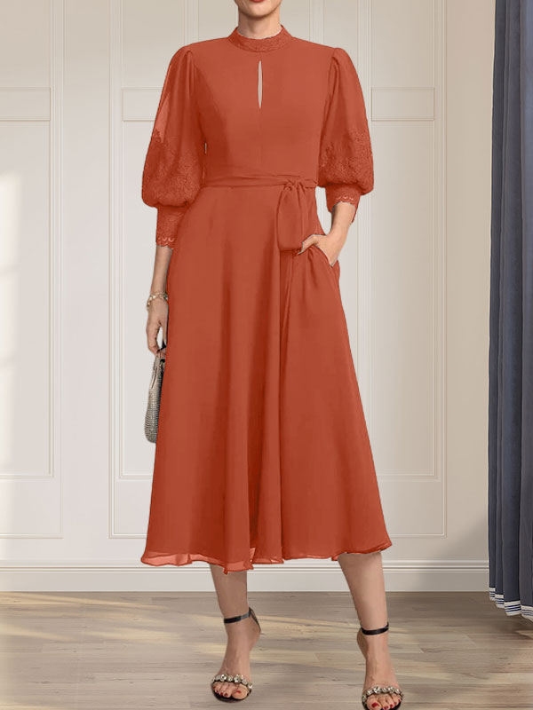A-Linien-Kleid aus Chiffon mit hohem Kragen, Teelänge und Spitze für die Mutter der Braut, verziert mit einer Schleife