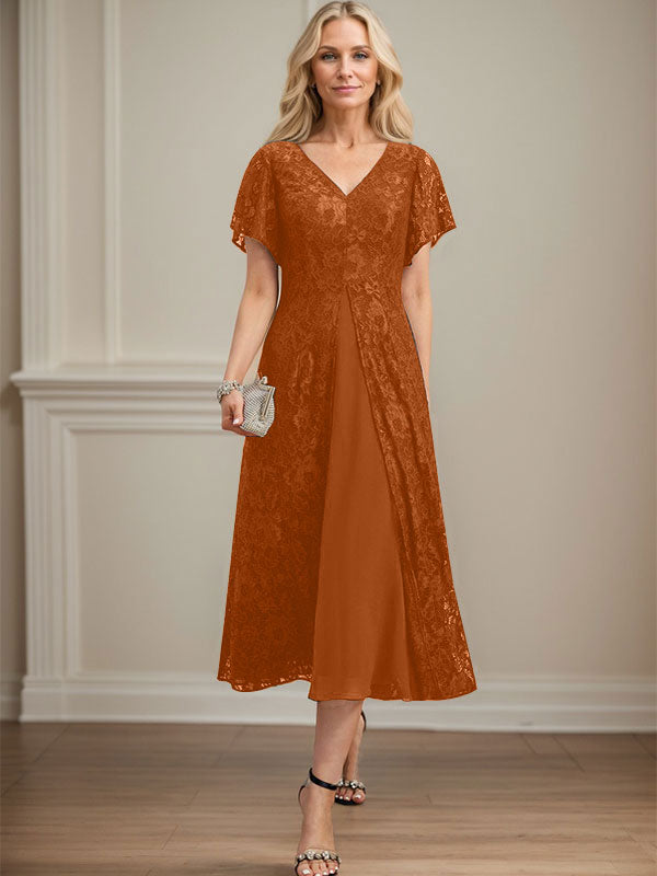 A-Linien-Kleid aus Chiffon mit V-Ausschnitt und Teelänge für die Mutter der Braut 