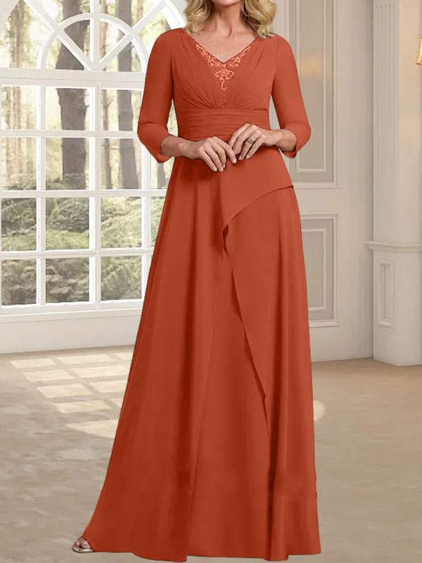 A-Linien-Kleid aus Chiffon mit V-Ausschnitt, bodenlang, für die Mutter der Braut, mit plissierter Perlenstickerei