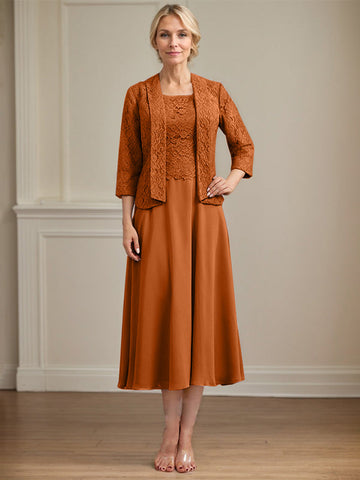 A-Linien-Kleid aus Chiffon mit Rundhalsausschnitt und Teelänge für die Mutter der Braut 