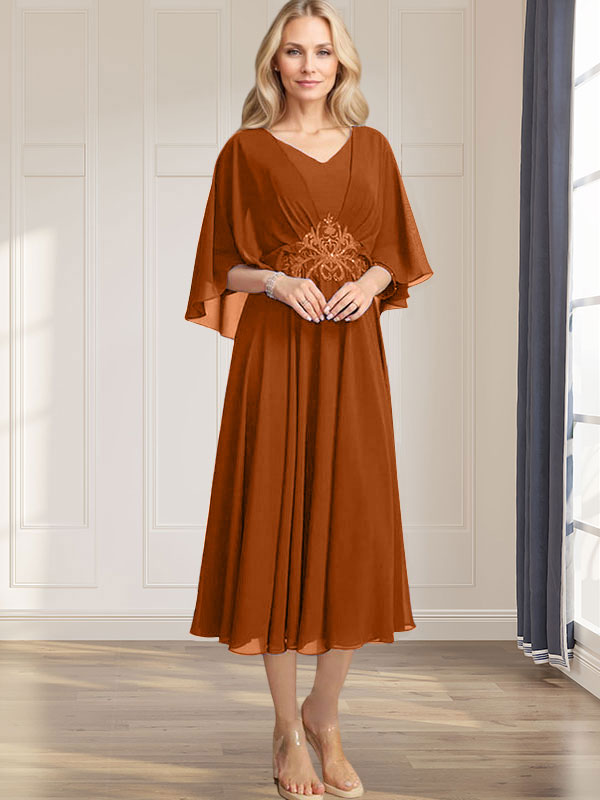 A-Linien-Kleid aus Chiffon mit V-Ausschnitt, Teelänge, plissierten Paillettenapplikationen und Perlenstickerei für die Mutter der Braut 