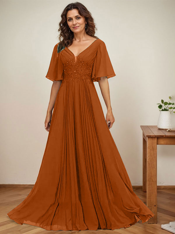 A-Linien-Kleid aus Chiffon mit V-Ausschnitt, bodenlang, mit Paillettenapplikationen, Spitze und Falten für die Mutter der Braut 