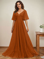 A-Linien-Kleid aus Chiffon mit V-Ausschnitt, bodenlang, mit Paillettenapplikationen, Spitze und Falten für die Mutter der Braut 