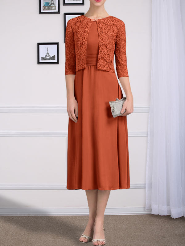 Vestido de gasa para madre de la novia, corte A, escote redondo, largo hasta la rodilla, con pliegues