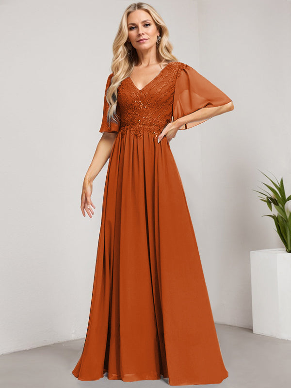 Vestido de gasa con encaje y lentejuelas para madre de la novia, corte A, escote en V y largo hasta el suelo 