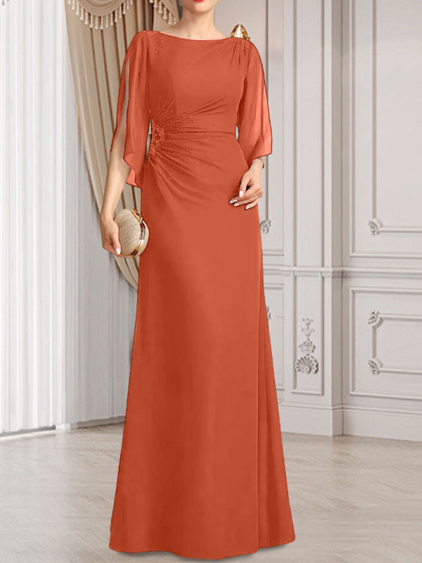 Etui-/Säulen-Chiffonkleid in Bodenlänge für die Mutter der Braut mit plissierter Perlenstickerei