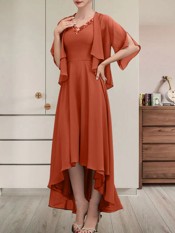 A-Linien-Kleid aus Chiffon mit V-Ausschnitt, asymmetrischem Muster und Perlen- und Paillettenbesatz für die Mutter der Braut