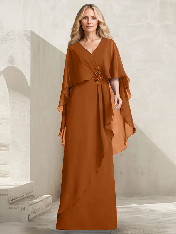 A-Linien-Kleid aus Chiffon mit V-Ausschnitt, bodenlang, mit Kaskadenrüschen und Perlenstickerei für die Mutter der Braut. 