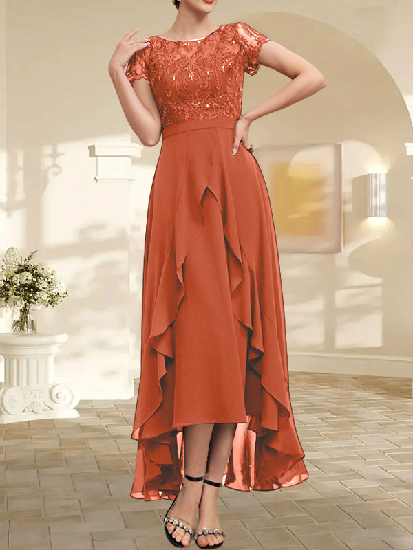 A-Linien-Kleid mit asymmetrischem Chiffon-Spitzenausschnitt, Schleife, Rüschen und Pailletten für die Mutter der Braut 