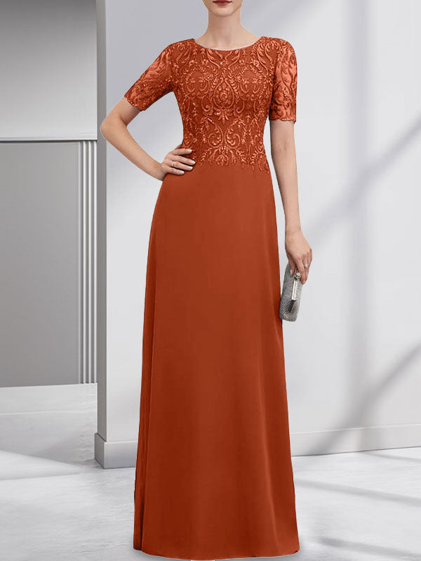 A-Linien-Kleid aus Chiffon mit Pailletten und Rundhalsausschnitt, bodenlang, für die Mutter der Braut