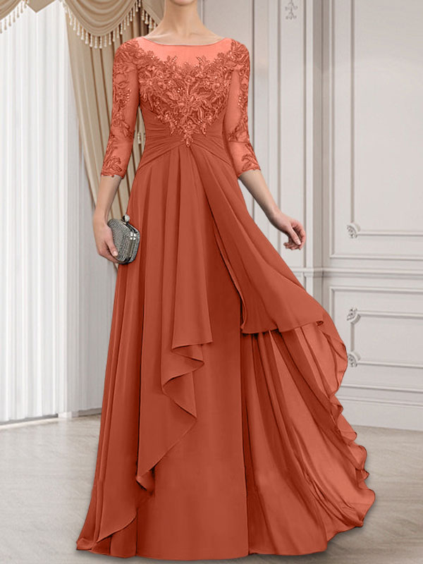 Vestido de gasa con encaje y volantes en cascada para madre de la novia, corte A, escote ilusión, largo hasta el suelo