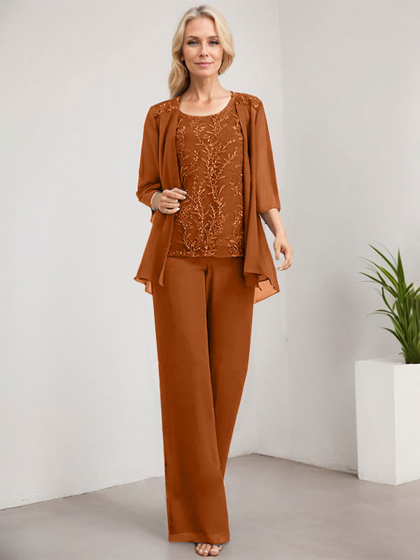 Vestido de madre de la novia de gasa con encaje y lentejuelas, con escote redondo y largo hasta el suelo, con mono/pantalón separado