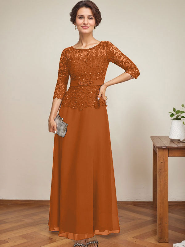Vestido de gasa con encaje y escote ilusión hasta los tobillos para madre de la novia con cuentas de diamantes de imitación 