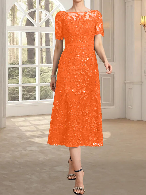 A-Linien-Kleid mit Rundhalsausschnitt, Illusion-Ausschnitt, Teelänge, Spitze und Pailletten für die Mutter der Braut