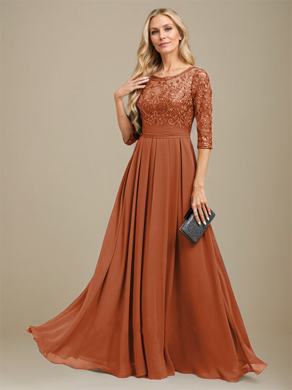 A-Linien-Kleid aus Chiffon mit Paillettenapplikationen und Rundhalsausschnitt, bodenlang, für die Mutter der Braut 