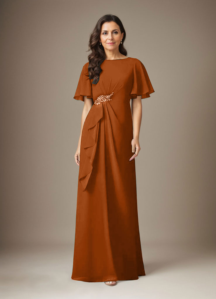 Dunkelblaues Etuikleid aus Chiffon mit Perlenbesatz