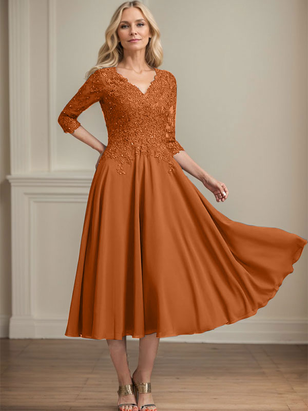 Vestido de gasa con encaje y escote en V, largo hasta la rodilla, para madre de la novia, con lentejuelas y abalorios 