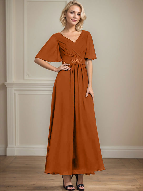 Vestido de gasa para madre de la novia, corte A, escote en V, largo hasta los tobillos, con lentejuelas y cuentas plisadas