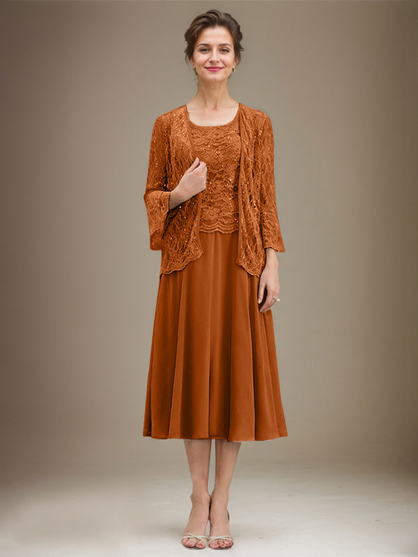 Vestido de gasa con encaje y lentejuelas para madre de la novia, corte A, escote redondo y largo hasta la rodilla 