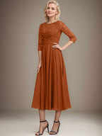 A-Linien-Kleid mit Rundhalsausschnitt, Teelänge, Spitze, Chiffon, Pailletten, für die Mutter der Braut