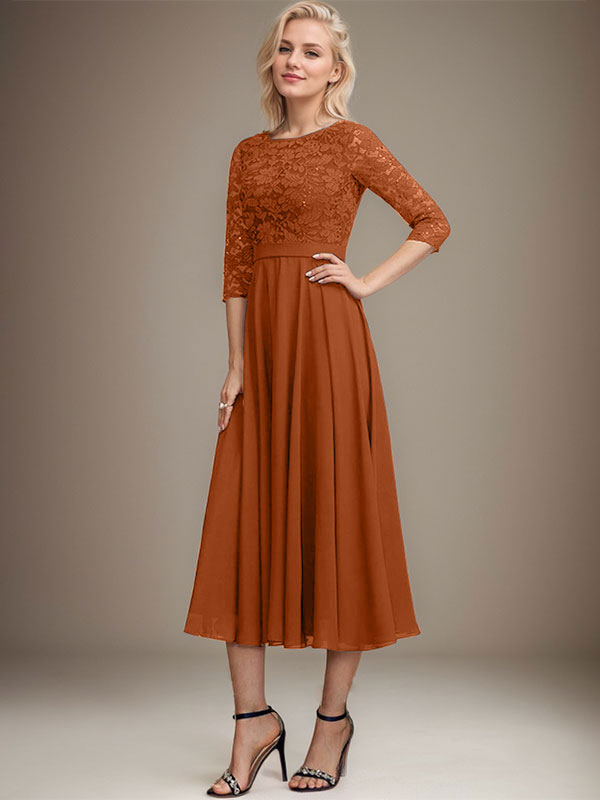 Vestido de gasa con encaje y lentejuelas para madre de la novia, corte A, escote redondo y largo hasta la rodilla