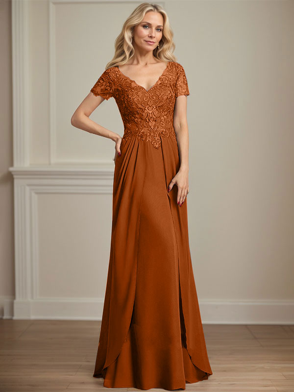 Vestido de gasa con encaje y escote en V hasta el suelo para madre de la novia
