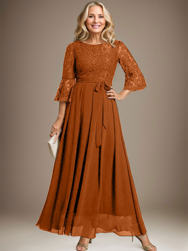 A-Linien-Kleid aus Chiffon mit Rundhalsausschnitt und Schleife, knöchellang, für die Mutter der Braut